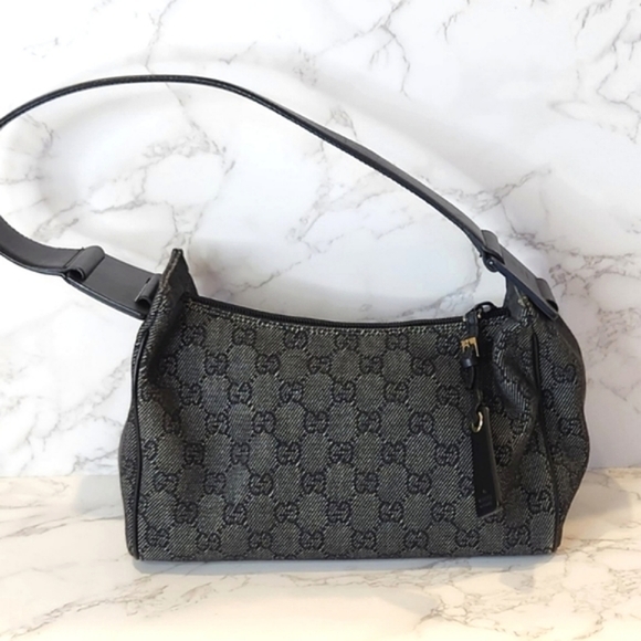 GUCCI Gray/ Black Denim GG Web Monogram Shoulder Bag - Picture 2 of 13